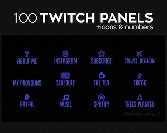 100 Blue Twitch panels with numbers, icons, and months for streamers, PNG Twitch panels bundle, Simple Twitch panel package