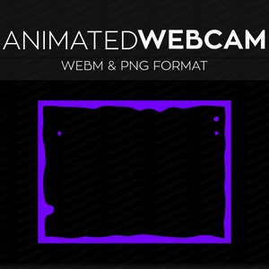Pode incluir: Fundo preto com uma moldura de webcam animada roxa. O texto "ANIMATED WEBCAM" está no topo, com "WEBM & PNG FORMAT" abaixo. A moldura tem uma borda texturizada e irregular.