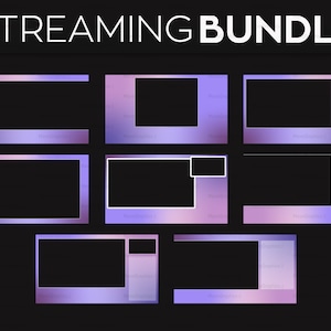 Peut inclure: Un ensemble de huit superpositions de flux Twitch à dégradé violet et rose avec des bordures noires. Les superpositions comprennent une bannière, un écran pour une webcam, une boîte de discussion et un écran pour un jeu.