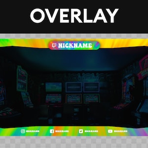 May include: A colorful Twitch overlay with a rainbow gradient background and yellow accents. The overlay features a text box with the word "NICKNAME" and social media icons with the text "NICKNAME" below.