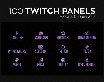 100 Pastel Purple Twitch panels with numbers, icons, and months for streamers, PNG Twitch panels bundle, Simple Twitch panel package