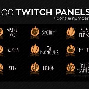 100 Campfire Twitch panels with individual icons, numbers, and months for streamers, Fire PNG Twitch panels bundle package