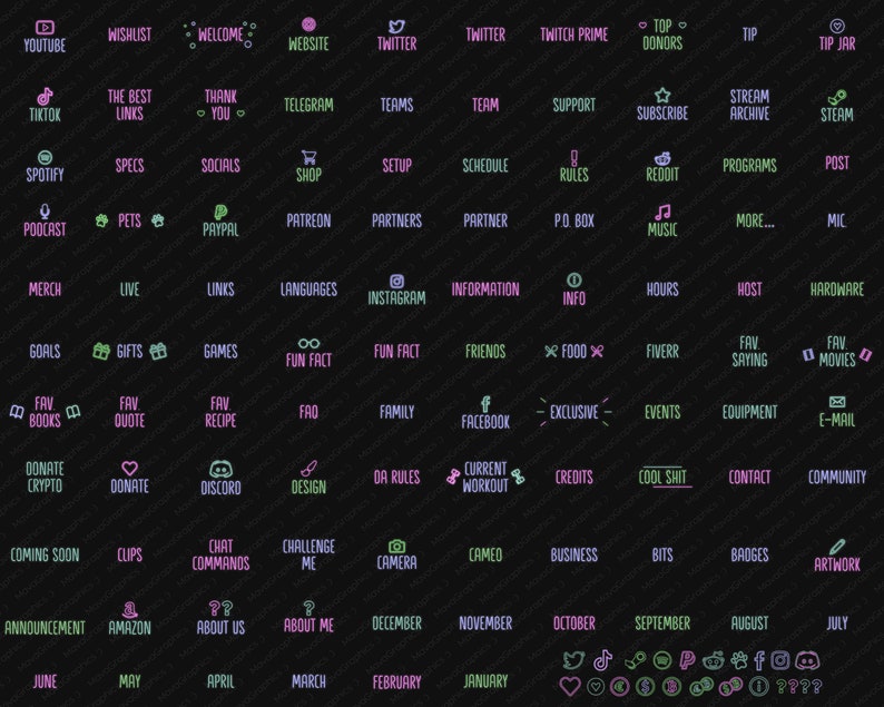 100 Twitch Panels and Icons for Streaming Twitch Panel Package Soft Pale PNG Twitch Panels Set Bundle