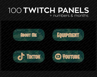 100 Green Camouflage Twitch panels with individual icons and numbers for streamers, PNG Twitch panels bundle, Twitch panel package
