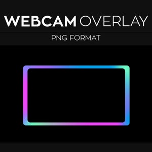 May include: A black background featuring a rectangular webcam overlay with a gradient border. The border transitions from pink to green to blue. Text at the top reads "WEBCAM OVERLAY", with "PNG FORMAT" below.
