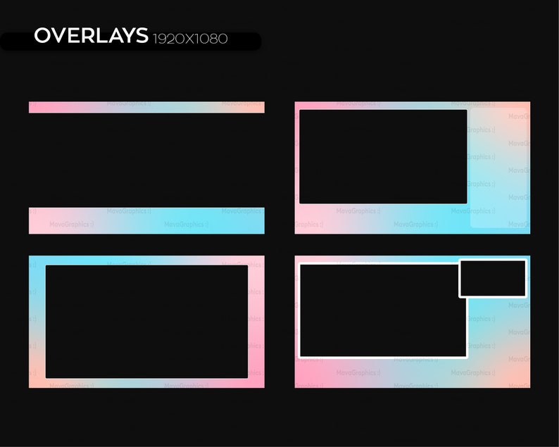 May include: Four different overlay frames with a gradient background of pink, blue, and white. The frames are rectangular and have a white border. The frames are designed for use in video editing and streaming.