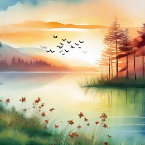 Lake Landscape Clipart, watercolor lake, Printable Watercolor clipart, High Quality jpeg, Digital download, Paper craft, journals, sunsets