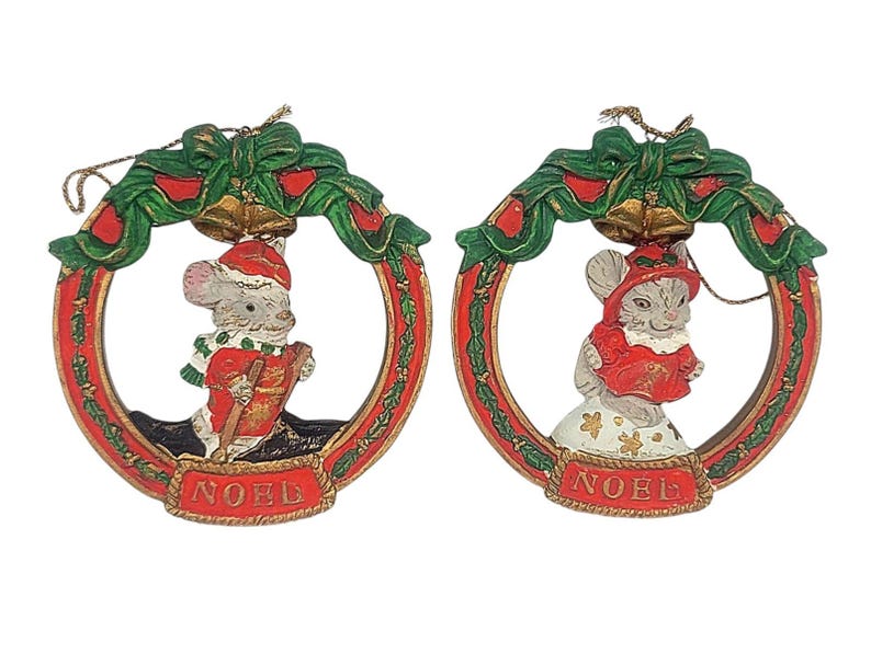 Vintage Lot Of 2 Mouse Santa Hat Bells Noel Christmas Ornament Inside A Wreath