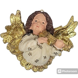 Vintage Cherub 3D Angel Ceramic Christmas Ornament With Wings Playing Violin