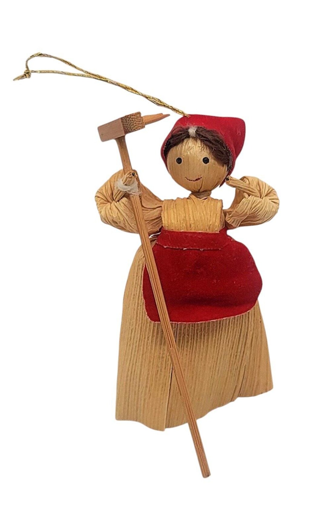 Vintage Corn Husk Doll Woman Holding Rake Red Apron Christmas Ornament ...