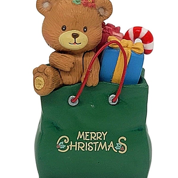 Vtg 1992 Lustre Fame Merry Christmas Bear w/ Present In Bag Ornament 2.75" CL1