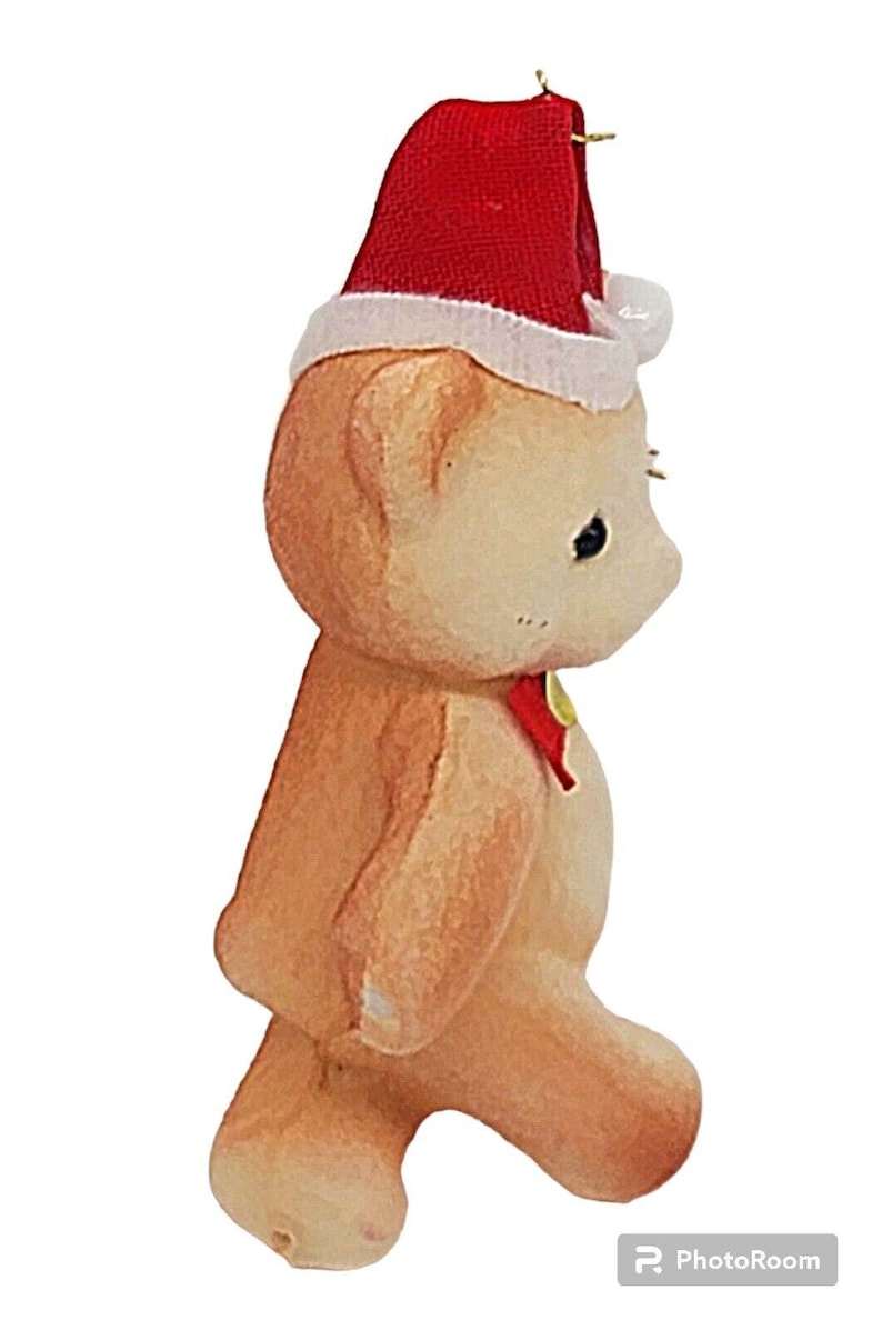 Vintage Flocked Christmas Teddy Bear Red Bow Tie Santa Hat Plastic ...