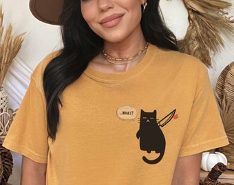 Moord Kitty Comfort Kleuren Tshirt, Murder Cat Shirt, Comfort Kleuren Kat met Mes Shirt, Grappig Kitty Shirt, Halloween Shirt met Zwarte Kat