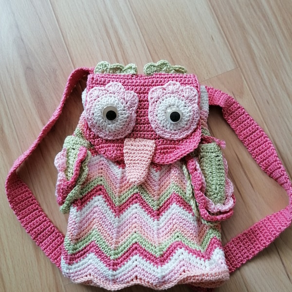 gehäkelter Eulen-Rucksack für kleine Mädchen, Kindergartenrucksack, Kita-Tasche, Baumwolle, rosa