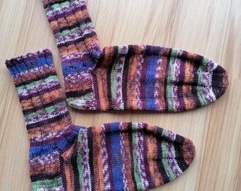 Gr.37/38 Stricksocken, Sofasocken, bunt gestreift, hautsympathisch, vegan, handarbeit, verstärkte Ferse