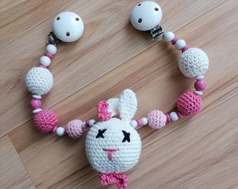 Pram chain with rabbit head, crochet beads, stroller mobile, crocheted stroller chain, pink, white