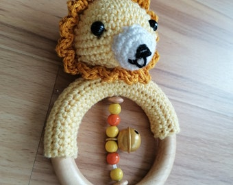 Grasping toy, rattle, crocheted lion Leo, with bell