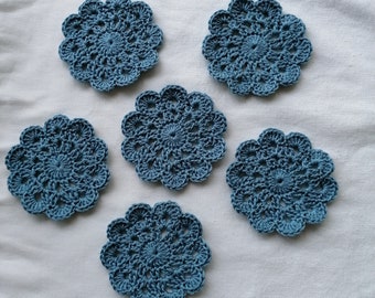 Crocheted glass coasters, doilies, denim blue, quantity freely selectable