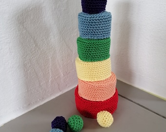 Sort colors, stacking tower, crochet beads, Montessori sorting game, crocheted, rainbow colors