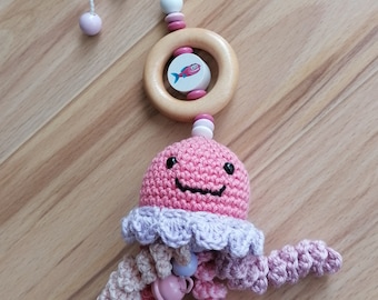 Bandage - Mobile with jellyfish for baby carrier, cot, cradle, crocheted, pink, cotton,