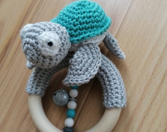 Grasping toy, rattle, crocheted turtle, with bell, grey/turquoise