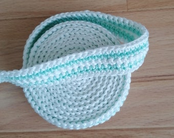 striped snail strap, white/turquoise, crocheted cotton, tape, barrier tape, Waldorf