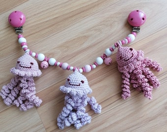 crocheted stroller chain, mobile, jellyfish, pink with bell, crocheted
