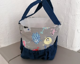 Music box carrying bag, with colorful little monsters, transport bag with storage space for figures, cotton, washable