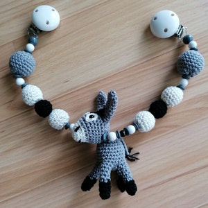 Carriage chain with donkey, stroller mobile, wagon tensioner, donkey, crocheted, grey, white, black, clip