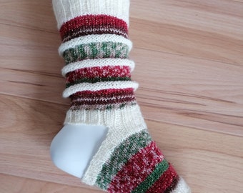 knitted yoga socks, heel and toe free, dance socks, Schopper effect, wellness, size. 38-42, gloss, red/green stripes