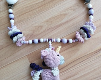 Cart chain with unicorn, stroller mobile, stroller tensioner, crocheted, old pink, purple, clip