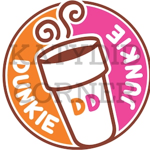Könnte beinhalten: Orangefarbener und rosafarbener Kreis-Logo mit dem Text "Dunkin'" in weißer Umrandung. Im Zentrum des Kreises befindet sich eine stilisierte Kaffeetasse mit braunem Deckel und Dampf.