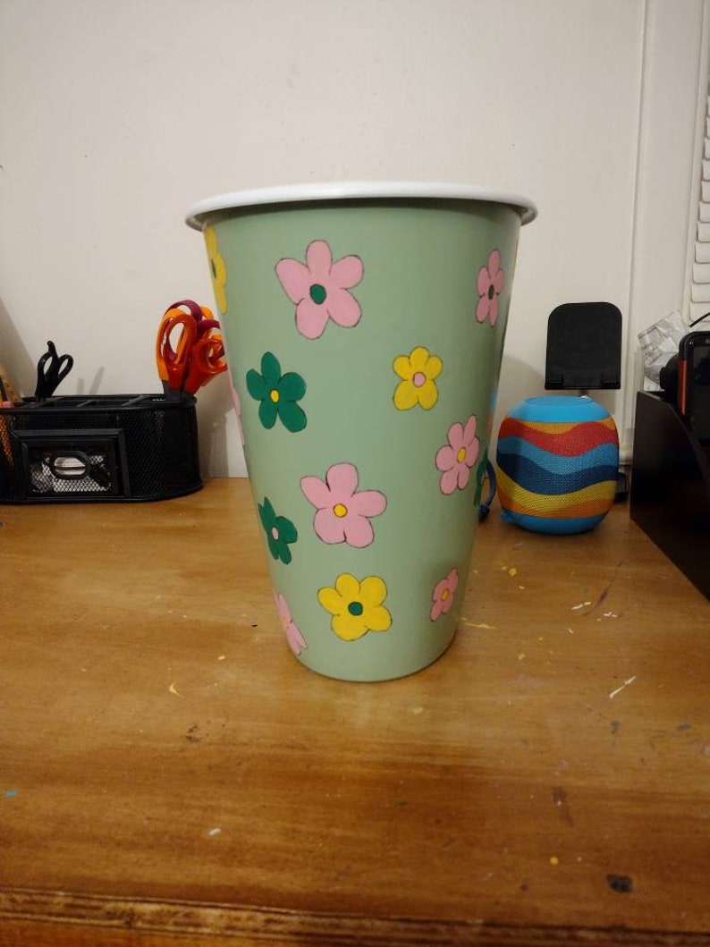 1.5 Gallon Light Green Trash Can With Green, Pink, and Yellow Flowers
