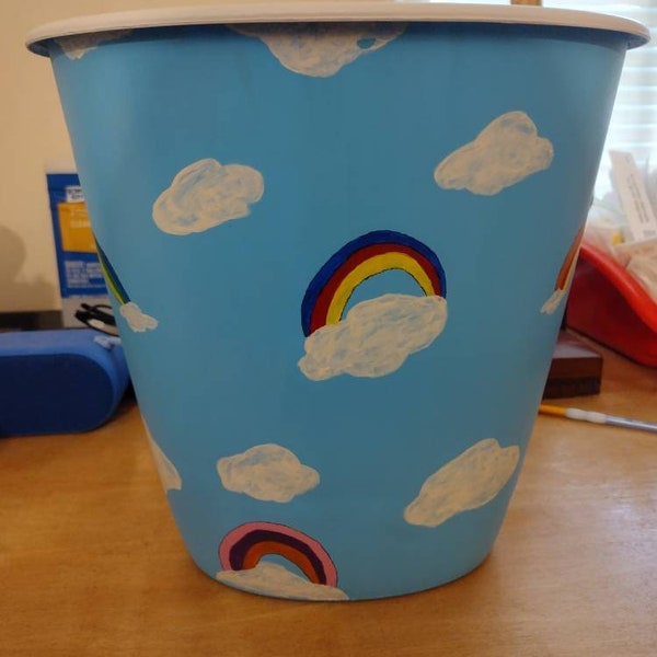 1.5 Gallon Trash Can, hand painted Clouds and Rainbows for bedroom, bathroom, office, Nursery, or Playroom Child or Adult