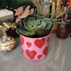 6 inch Faux Mixed Succulents in Bright Pink with Dark Pink Hearts hand painted flower pot for Valentine's Day Home Decor