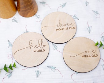 Double Sided Baby Monthly Cards | Wooden Discs, Set of 13 | Includes 12 Cards 1 Customizable Birth Card | Baby Monthly Milestone Plaques
