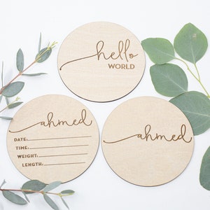 Plaques d’annonce de bébé | Marqueur de statistiques de naissance de bébé | Plaques en bois de garçon de chéri | Cartes d’introduction de bébé Bonjour Mon nom est | Disque