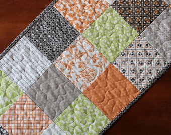 Fall Table Runner, Quilted Thanksgiving Table Runner, Pumpkins and Blossoms, Orange Green Gray