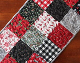 Christmas Table Runner, Quilted Christmas Table Runner, Poinsettia Table Runner, Snowflake Table Runner, Red Black Green Cream