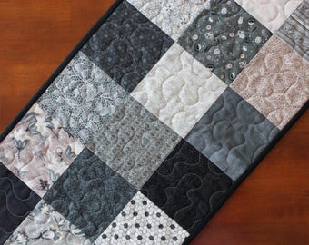 Black Table Runner, Gray Table Runner, Quilted Table Runner, Boudoir, Modern Table Runner, Black Gray Cream Dusty Rose