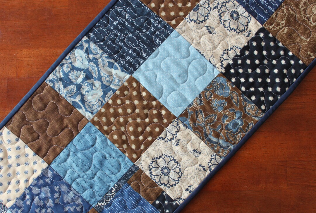 Navy Blue Table Runner, Blue Quilted Table Runner, Blue Brown Decor