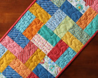 Summer Table Runner, Spring, Quilted, Red Yellow Blue, Bright Handmade Home Grown