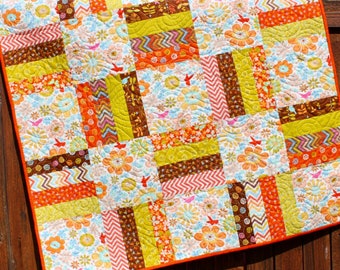 Baby Girl Quilt, Orange Baby Quilt, Floral Baby Girl Quilt, Handmade Baby Bedding, Modern Baby Qulit, Baby Blanket, Nursery Bedding, Birds