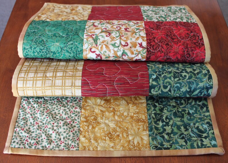 Poinsettia Table Runner Handmade Poinsettia Christmas Quilted Christmas Table Runner Centerpiece Gold Christmas Table Runner Red Green