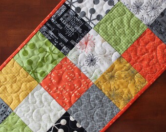 Bright Colored Table Runner, Modern Quilted Table Runner, Comma Table Runner, Black Table Runner, Black Green Yellow Orange Gray