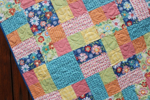 Embroidered Quaint Fabric Quilt 5 Blocks / Squares Piece 9 Square Vintage  Hand Done Baby Quilts / Pillows / Clothing Etc. 4 Pink 1 Blue 