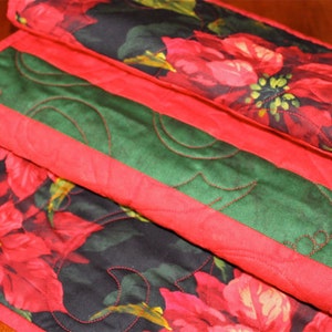 Poinsettia Christmas Table Runner, Black Quilted Christmas Table Runner, Black Green Red, Handmade Christmas Decor, Christmas Centerpiece image 3