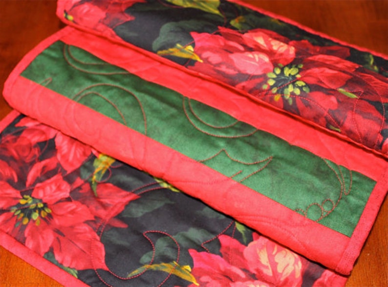 Poinsettia Christmas Table Runner, Black Quilted Christmas Table Runner, Black Green Red, Handmade Christmas Decor, Christmas Centerpiece image 3