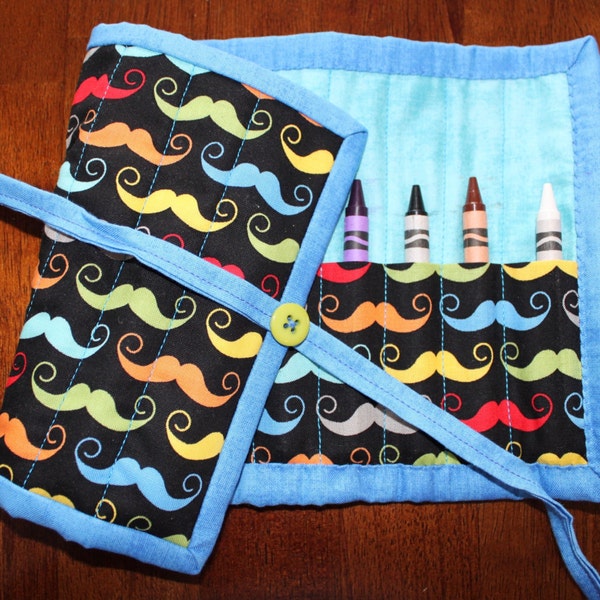 Mustache Crayon Holder, Blue Crayon Roll Up, Handmade Crayon Tote, Geekly Chic, Modern, Quilted Crayon Roll Up, Mustaches, Boy, Blue, Green