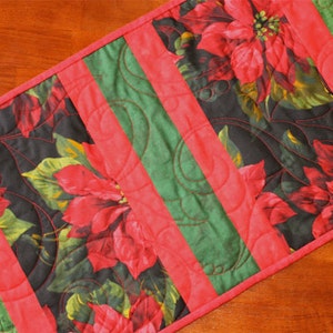 Poinsettia Christmas Table Runner, Black Quilted Christmas Table Runner, Black Green Red, Handmade Christmas Decor, Christmas Centerpiece image 1